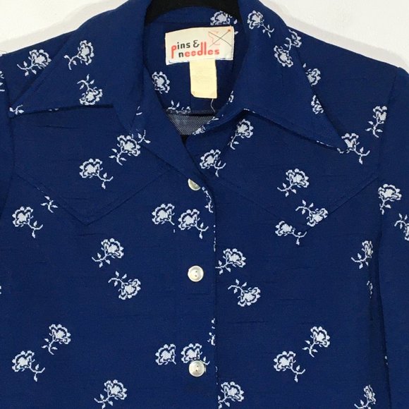 Vintage 70s Blue Button Front Jacket, Pointy Dagger Collar Western Style Floral - Picture 9 of 16